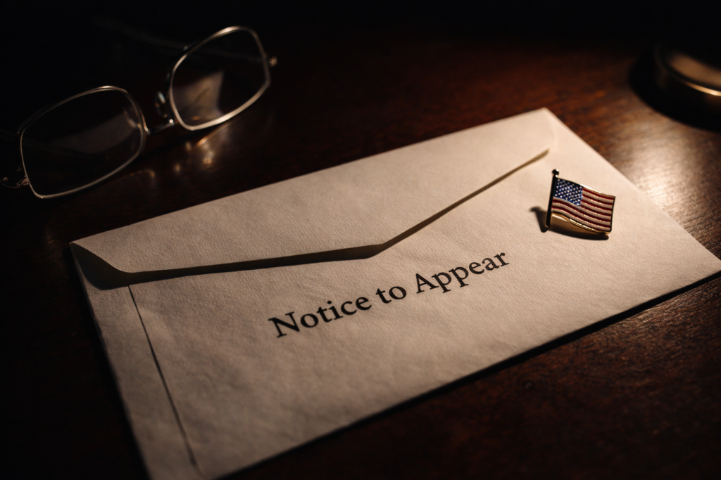 Legal Notice to Appear envelope on dark desk representing new H-1B enforcement risk during 60-day grace period in 2025