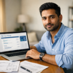 H-1B visa holder reviewing W-2 tax documents and filing US taxes on laptop at home desk in 2026