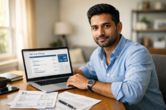 H-1B visa holder reviewing W-2 tax documents and filing US taxes on laptop at home desk in 2026