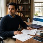 H-1B visa holder reviewing a new job offer letter alongside his current employer's documents before initiating an H-1B transfer in 2026