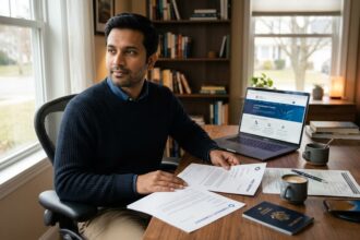 H-1B visa holder reviewing a new job offer letter alongside his current employer's documents before initiating an H-1B transfer in 2026
