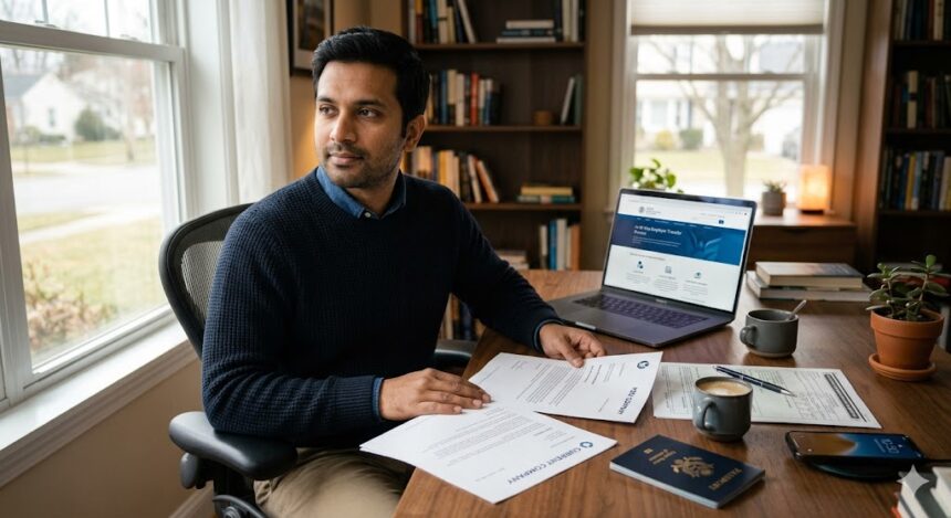 H-1B visa holder reviewing a new job offer letter alongside his current employer's documents before initiating an H-1B transfer in 2026