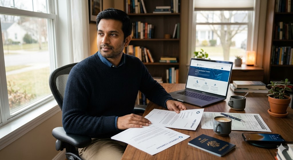 H-1B visa holder reviewing a new job offer letter alongside his current employer's documents before initiating an H-1B transfer in 2026