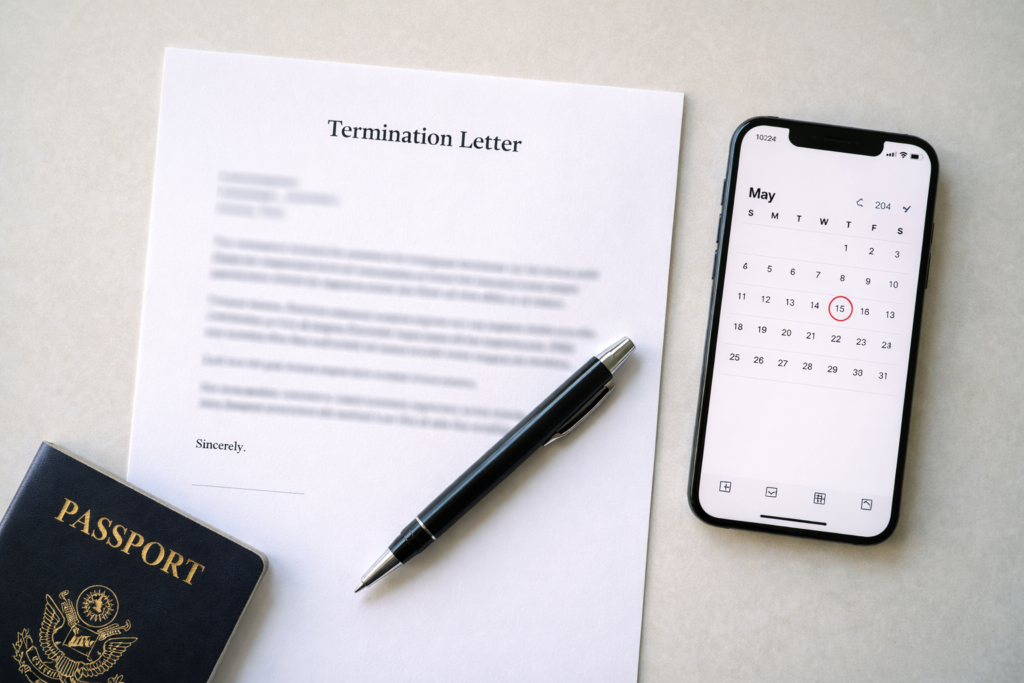 HR termination letter and calendar app showing H-1B grace period start date
