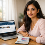 H-4 visa holder woman checking USCIS EAD application status on laptop with passport open on desk