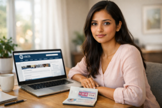 H-4 visa holder woman checking USCIS EAD application status on laptop with passport open on desk