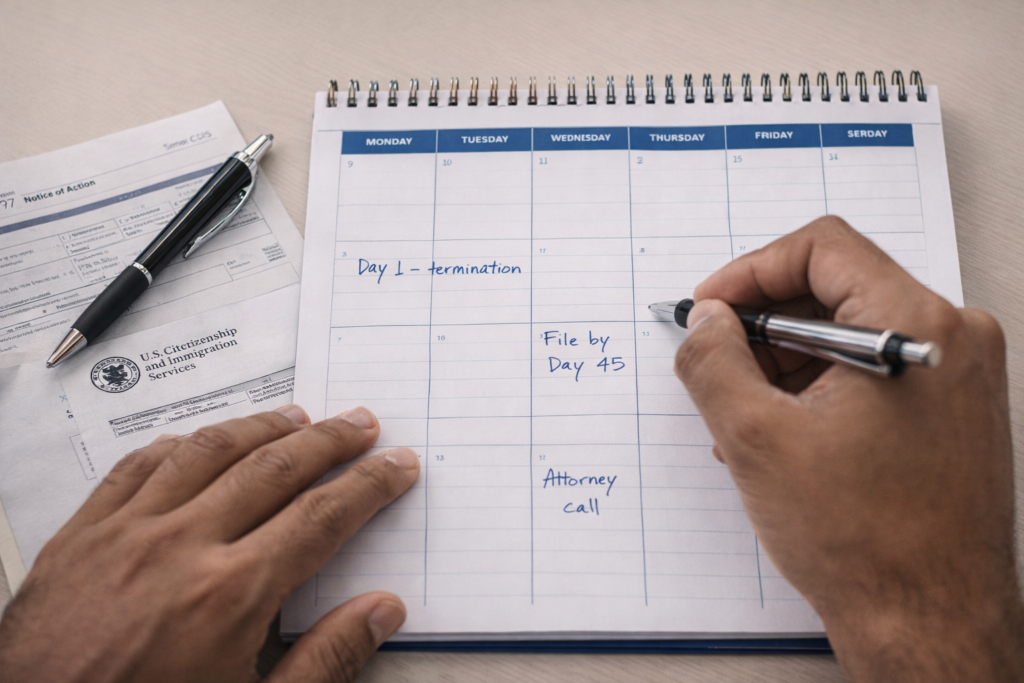 Overhead shot of a person's hands writing immigration deadline notes in a weekly planner with dates marked as Day 1 termination date, File by Day 45, and Attorney call with a printed immigration document and pen on a clean desk
