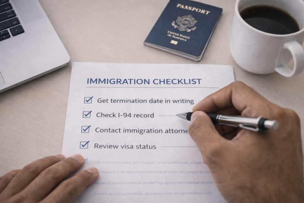 Person checking off items on H-1B visa revocation response checklist with passport and laptop on desk