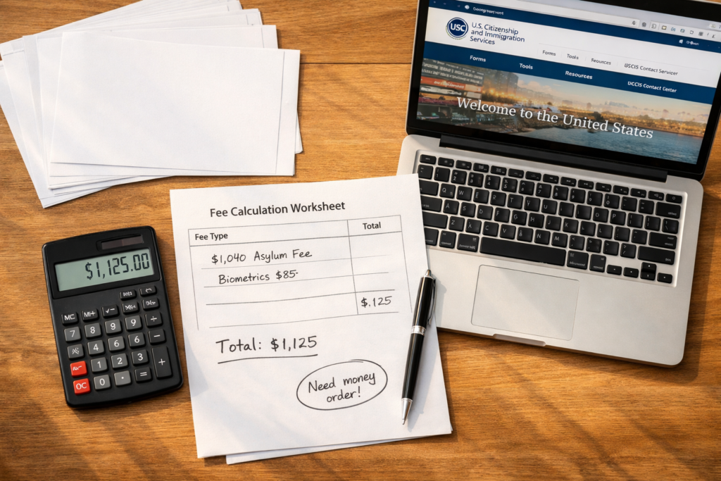 H-1B visa fee calculation worksheet with calculator and USCIS forms spread on a clean office desk