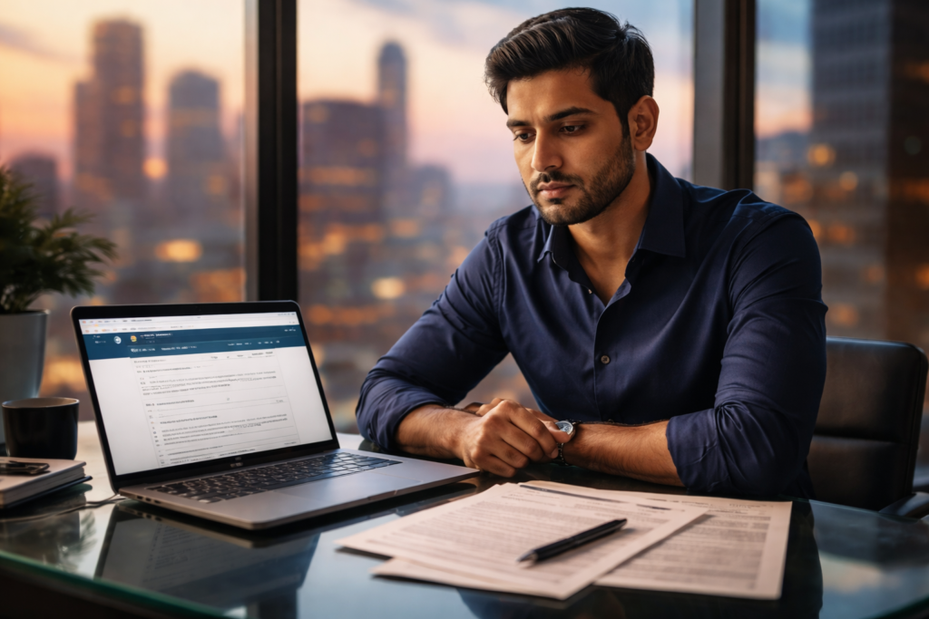 South Asian H-1B visa holder reviewing immigration documents at office desk after job layoff