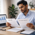 H-1B visa holder reviewing LCA salary documents at U.S. office desk with DOL wage data on laptop