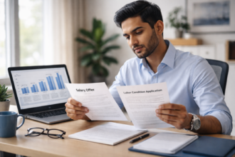 H-1B visa holder reviewing LCA salary documents at U.S. office desk with DOL wage data on laptop