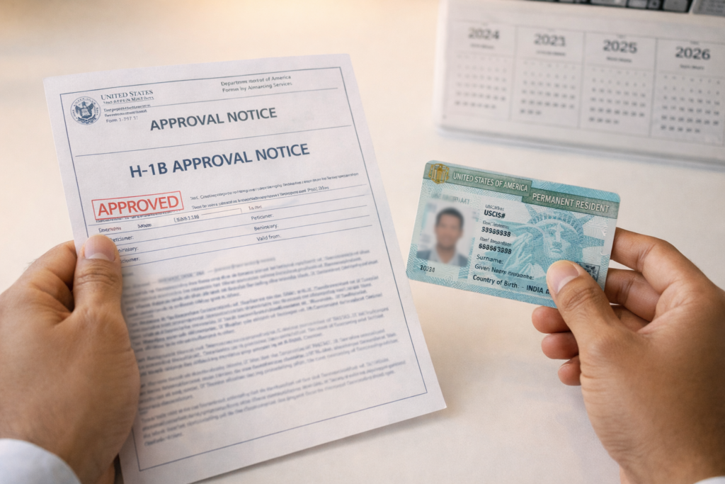 Hands holding H-1B approval notice and green card, representing the long-term immigration pathway