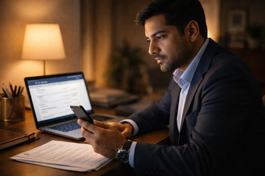 H-1B visa holder conducting focused job search in the evening during grace period window