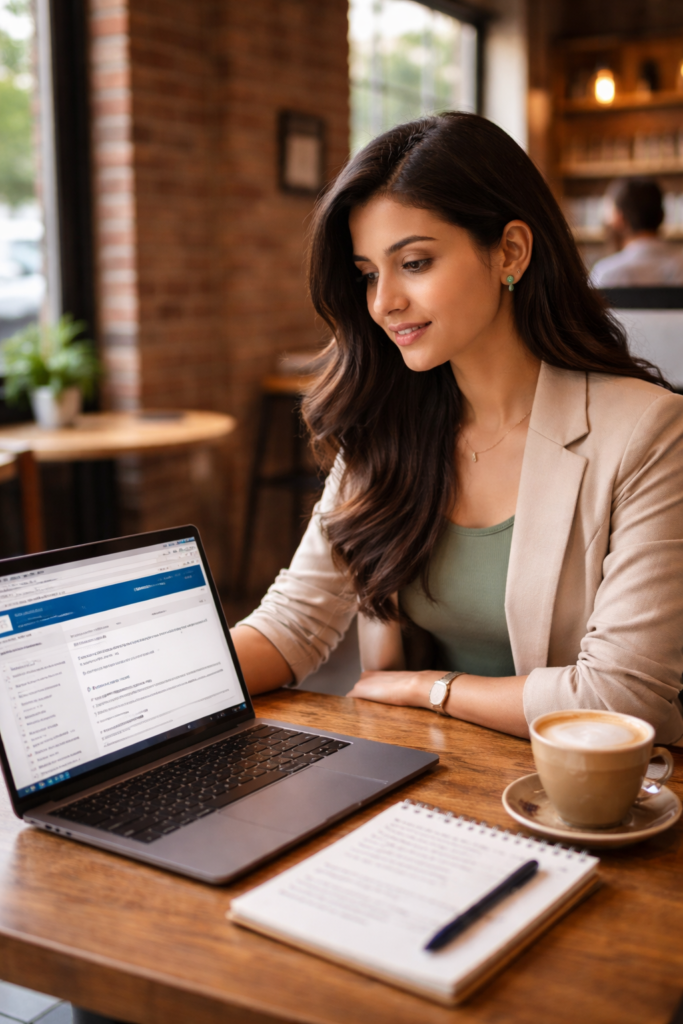 H-1B visa holder reviewing FAQ and USCIS information on laptop while preparing to change employers in 2026