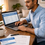 H-1B visa holder reviewing health insurance options on laptop with I-797 approval notice on desk