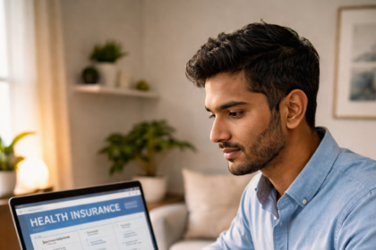 H-1B visa holder reviewing health insurance options on laptop with I-797 approval notice on desk