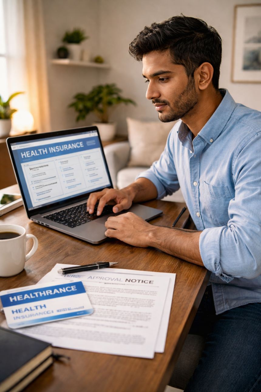 H-1B visa holder reviewing health insurance options on laptop with I-797 approval notice on desk