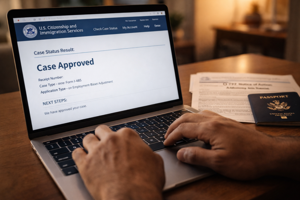 Person checking H-1B visa revocation status on USCIS case status website with I-797 approval notice visible on desk