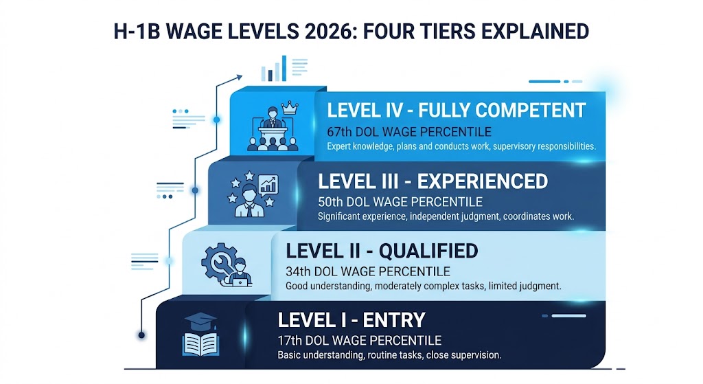 Infographic showing four H-1B wage levels from Level I entry to Level IV fully competent with DOL wage percentiles
