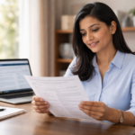 H-1B visa holder reviewing interview waiver eligibility document at home desk with government portal on laptop