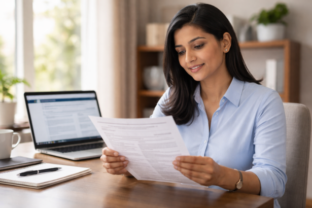 H-1B visa holder reviewing interview waiver eligibility document at home desk with government portal on laptop