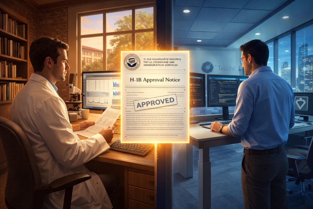 Illustration of one worker holding two H-1B approvals — one from a university, one from a private tech company