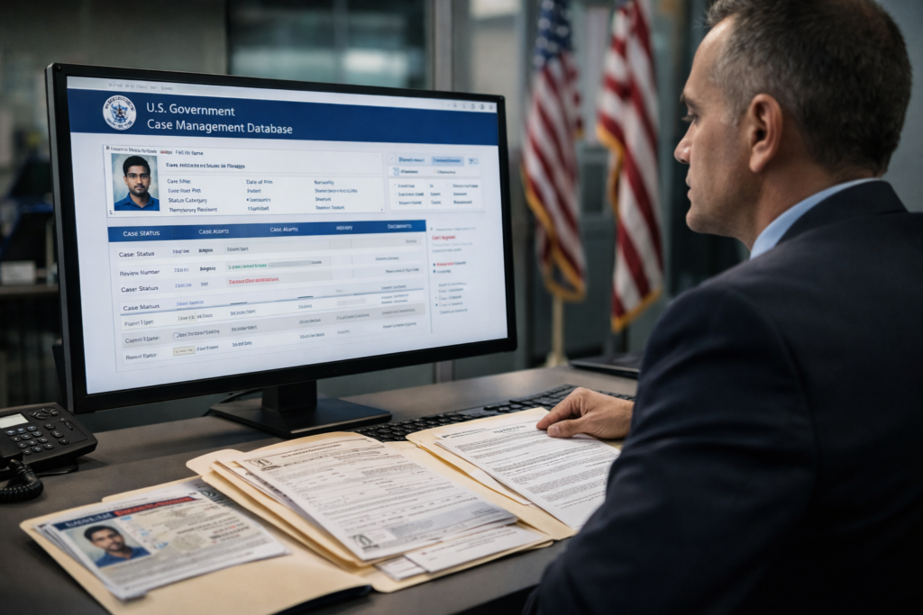 U.S. immigration enforcement officer reviewing H-1B case files on government database system