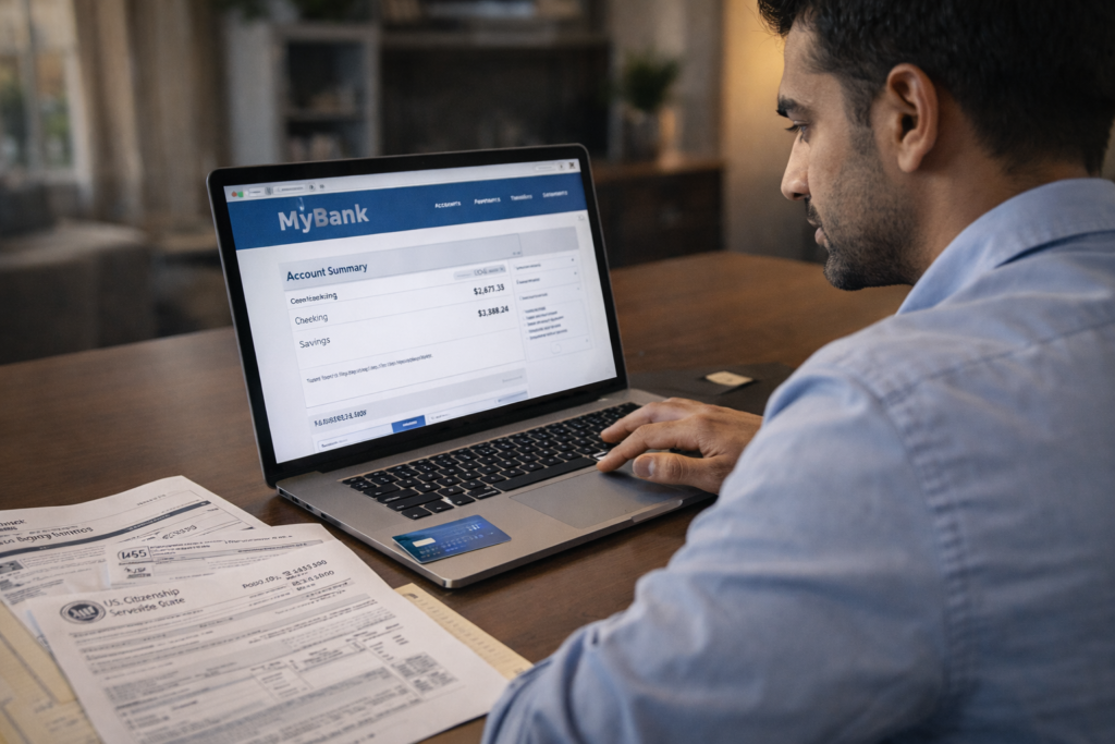 H-1B visa holder reviewing bank statements and financial documents during immigration status transition period