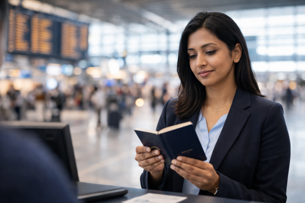 H-1B visa holder at airport departure counter reviewing valid visa stamp before international travel