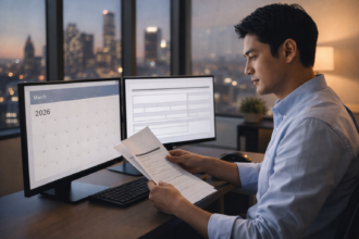 H-1B visa holder reviewing extension documents at office desk in 2026