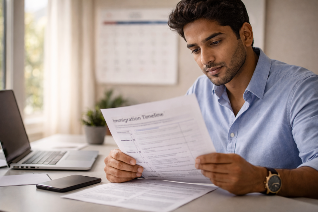 H-1B visa applicant reviewing application timeline and eligibility checklist at home office desk