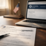 H-1B visa extension approval document on desk with laptop showing USCIS portal
