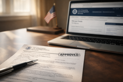 H-1B visa extension approval document on desk with laptop showing USCIS portal
