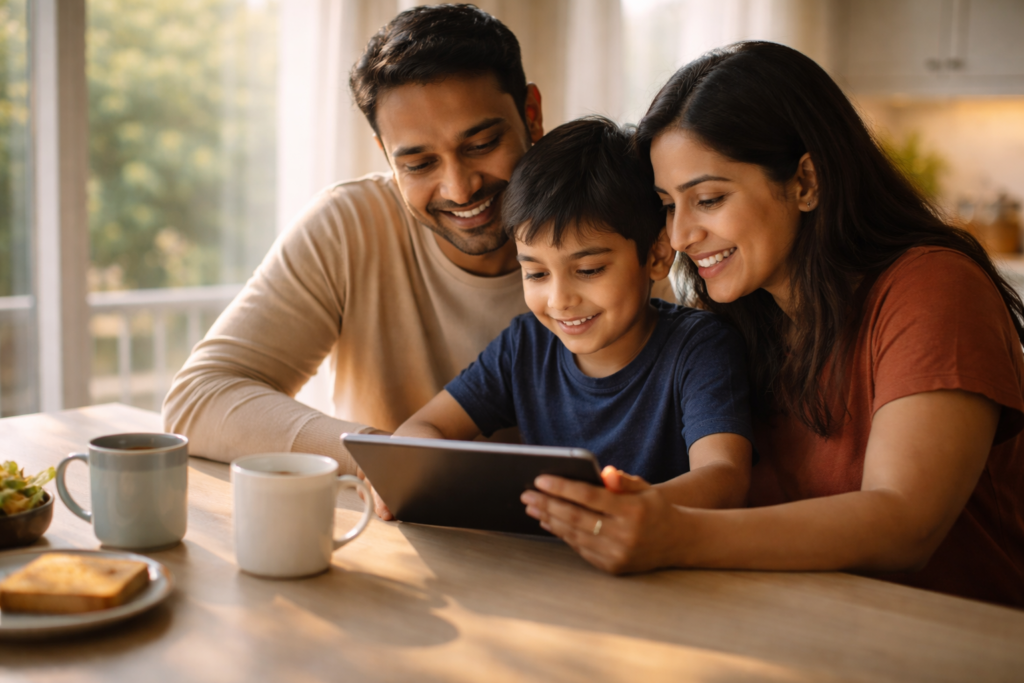 Indian immigrant family planning together at kitchen table during long H-1B to green card wait period
