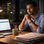 H-1B visa holder reviewing green card application documents at home office desk at night