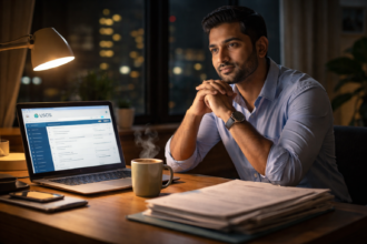 H-1B visa holder reviewing green card application documents at home office desk at night