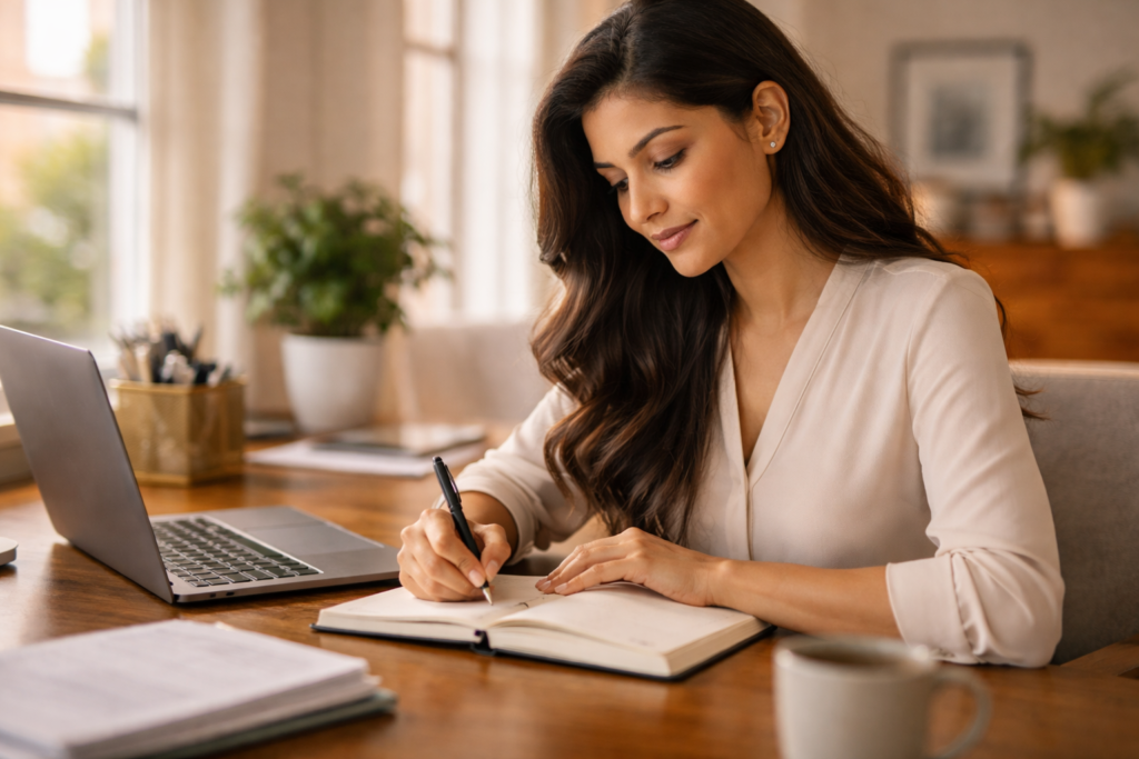 H-1B visa holder woman taking notes on 2026 immigration rule changes at home desk