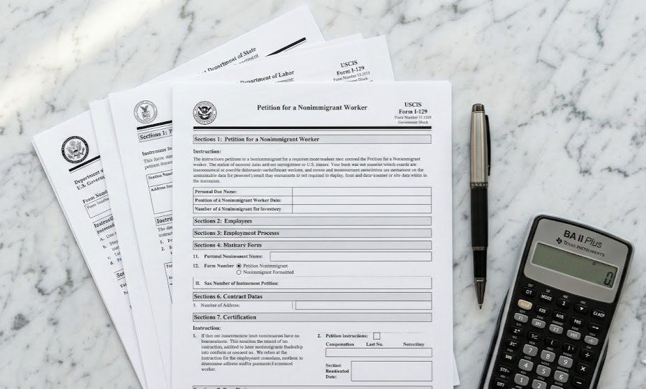 USCIS I-129 form and calculator representing H-1B extension filing costs