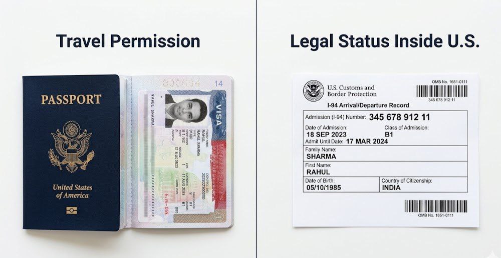 Side by side comparison of U.S. visa stamp in passport and I-94 arrival departure record showing the legal difference between visa and immigration status