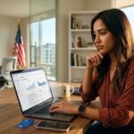A professional researching H1B visa sponsors database on a laptop in a US office