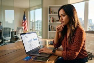 A professional researching H1B visa sponsors database on a laptop in a US office