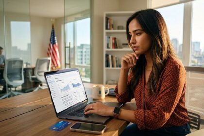 A professional researching H1B visa sponsors database on a laptop in a US office