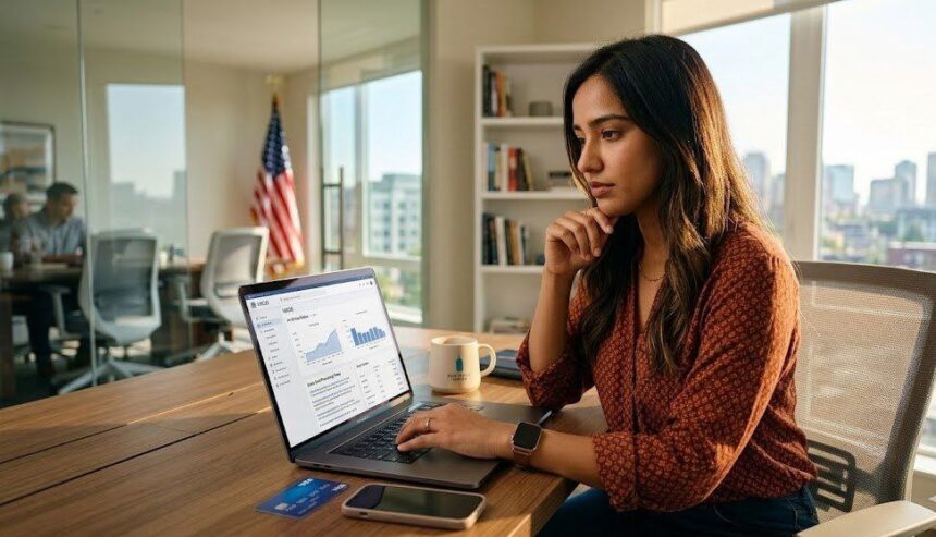 A professional researching H1B visa sponsors database on a laptop in a US office