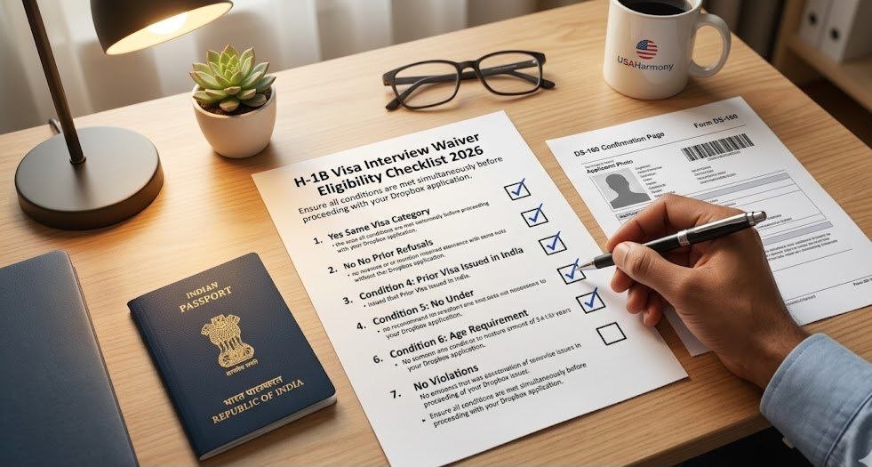 H-1B visa interview waiver eligibility checklist on desk with passport and government form