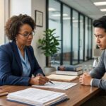 Immigration attorney reviewing H-1B visa petition documents with a foreign national client