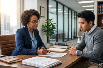 Immigration attorney reviewing H-1B visa petition documents with a foreign national client
