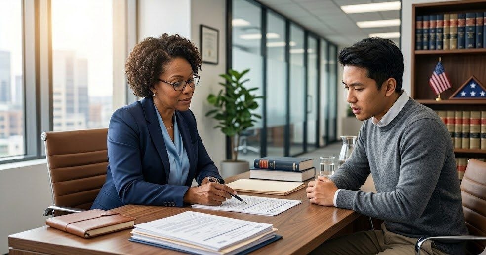 Immigration attorney reviewing H-1B visa petition documents with a foreign national client