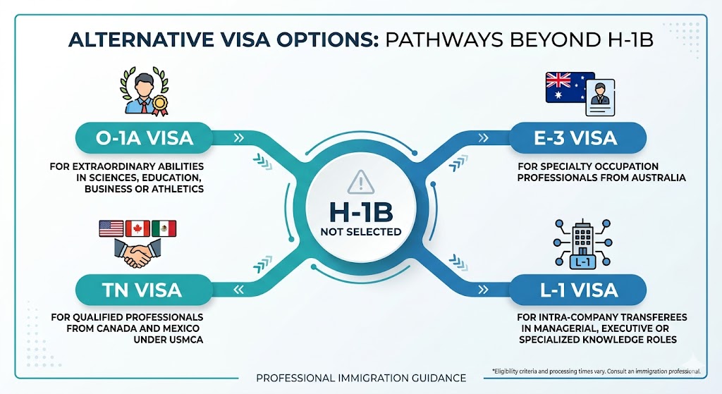 Infographic showing alternative U.S. work visa options including O-1A, TN, E-3, and L-1 for workers not selected in H-1B lottery