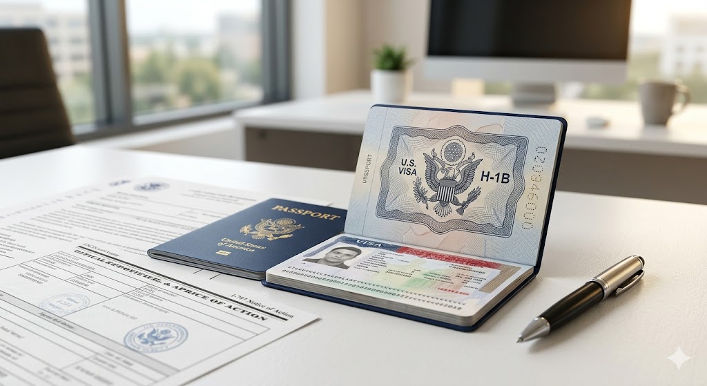 U.S. passport with H-1B visa stamp alongside USCIS approval documents on a white desk